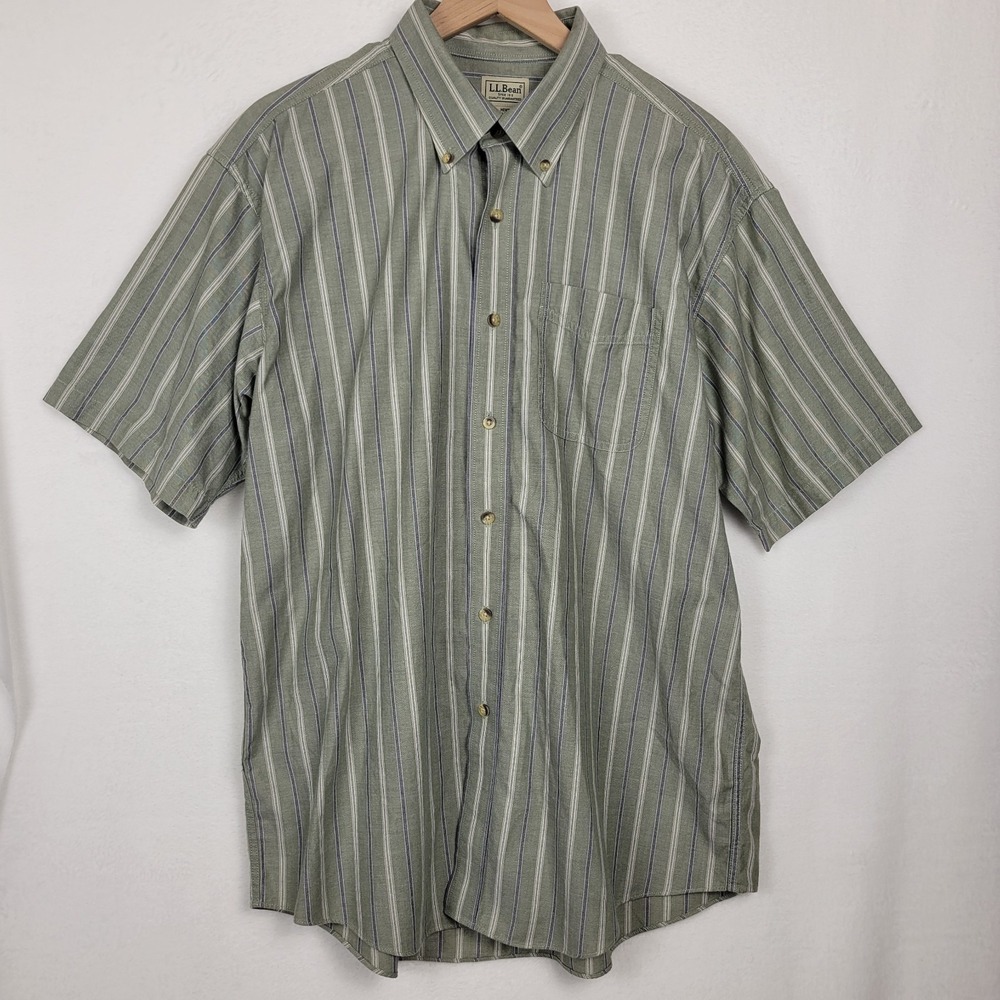 VTG 90s L.L. Bean Green Striped Short Sleeve Button Down Shirt L Regular Cotton